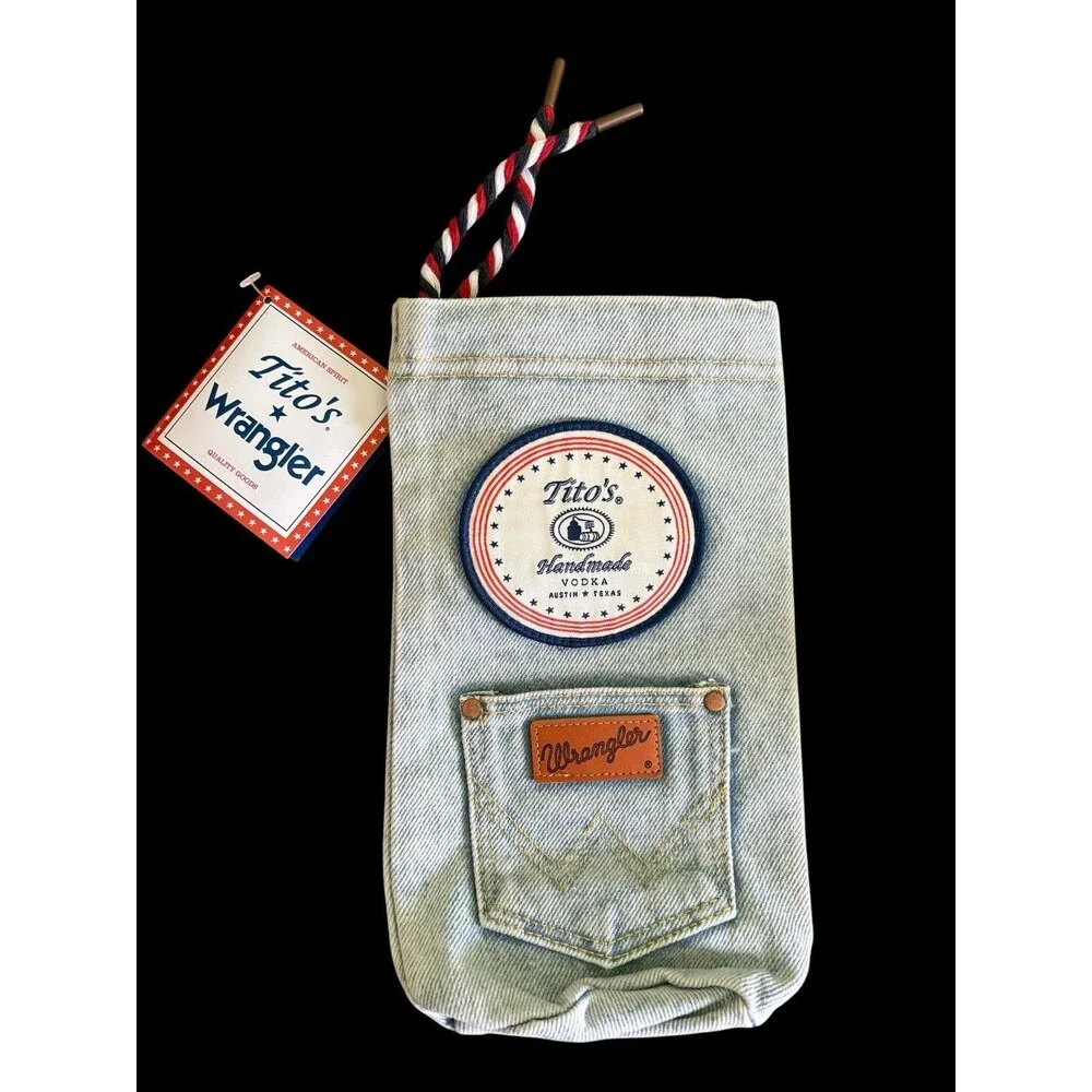 Tito's Handmade Vodka Wrangler Denim Bottle Sleeve Bag Drawstring New No Bottle